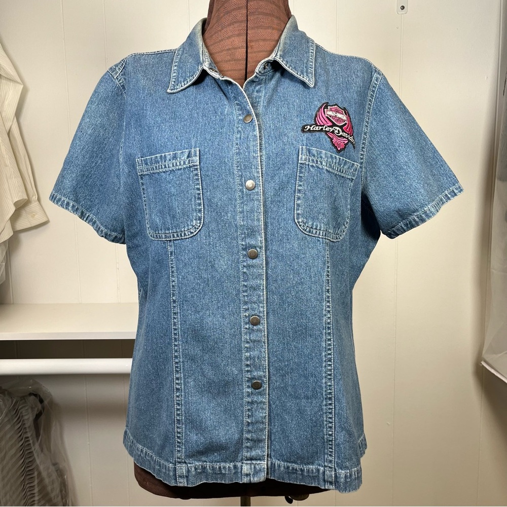 Vintage Snap Front Short Sleeve Denim Shirt Pink Harley Davidson Patch